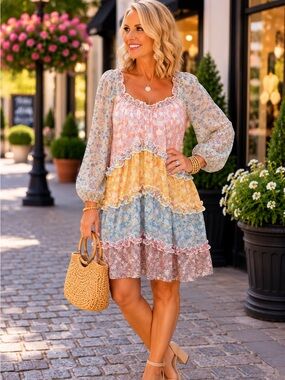 Love Colette Pastel Patchwork Ruffle Mini Dress Pink Yellow Blue Size Large